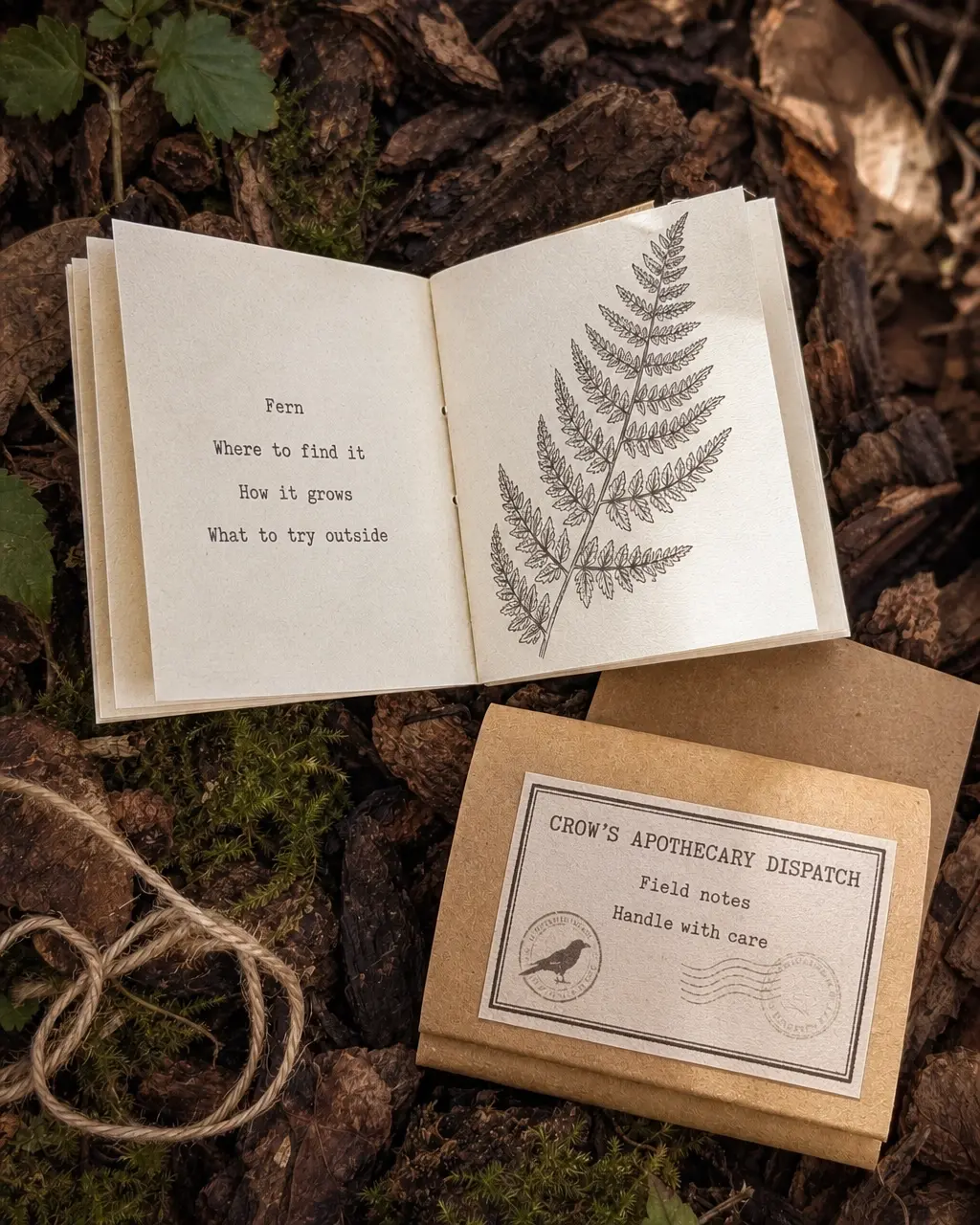 A small hand-made booklet open on the forest floor, showing a pen-and-ink fern drawing beside a kraft field-notes envelope and a loop of twine